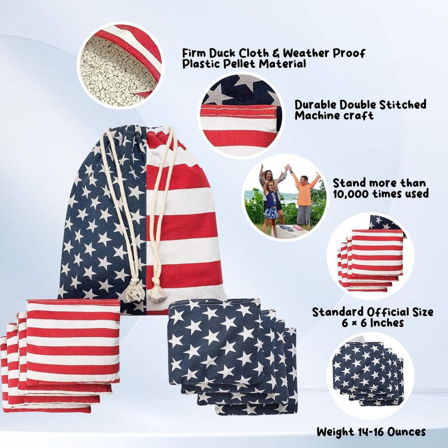 Regulation Cornhole Bean Bags: Professional American Flag Toss Game Set 8 Stars and Stripes Outdoor Team Tournament