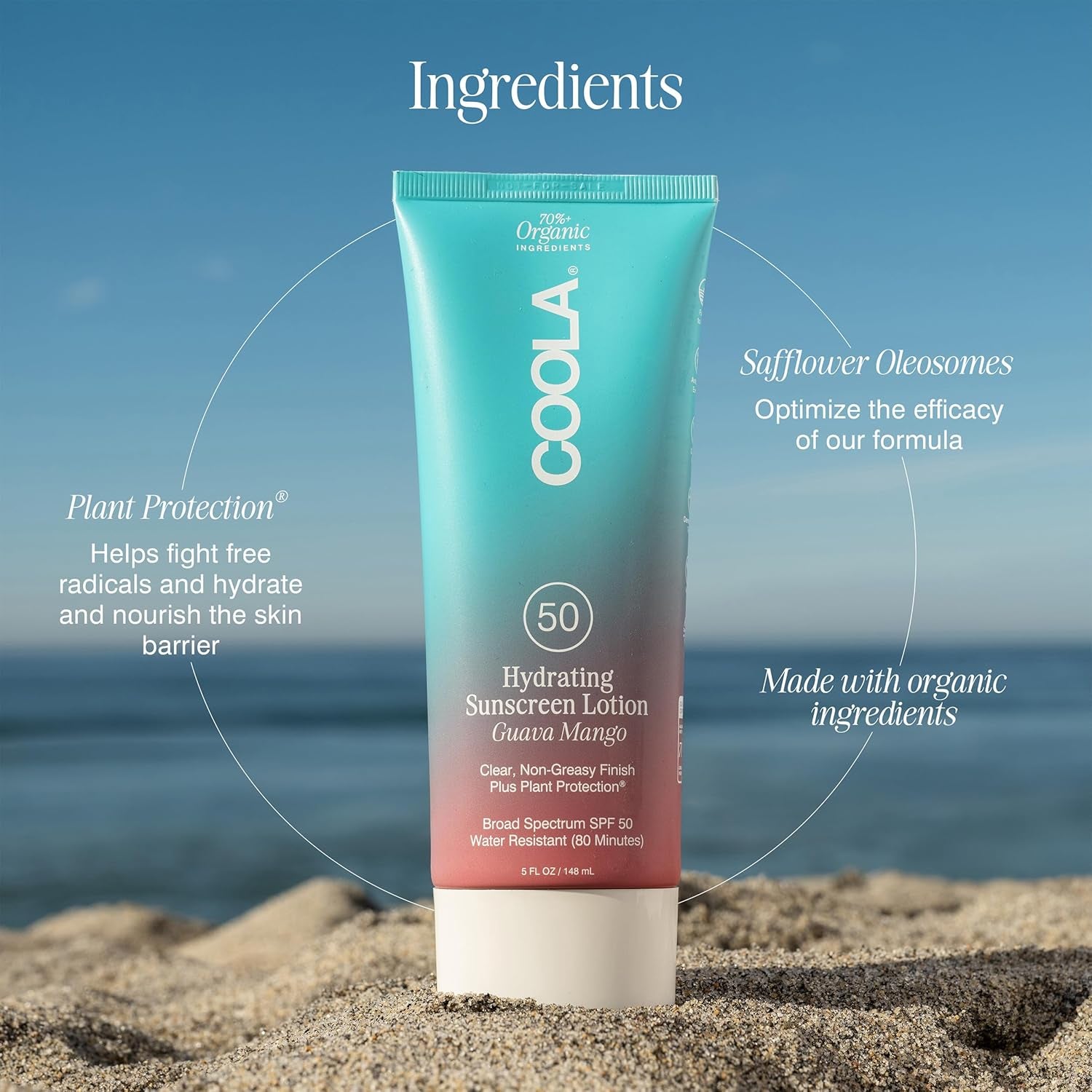 Organic Sunscreen SPF 50 Sunblock Body Lotion, Dermatologist Tested Skin Care for Daily Protection, Vegan and Gluten Free, Guava Mango, 5 Fl Oz
