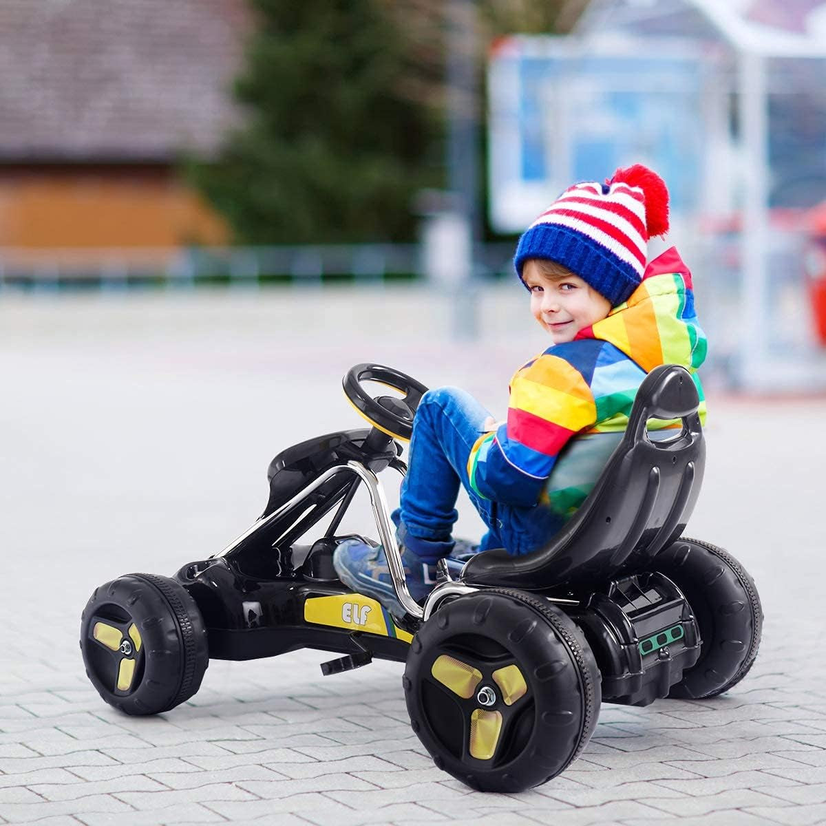 Go Kart for Kids, 4 Wheel Quad Racing Style Pedal Car W/3-Point Adjustable Seat & Non-Slip Wheels, Pedal Powered Ride on Toy Cart for Boys Girls (Black)