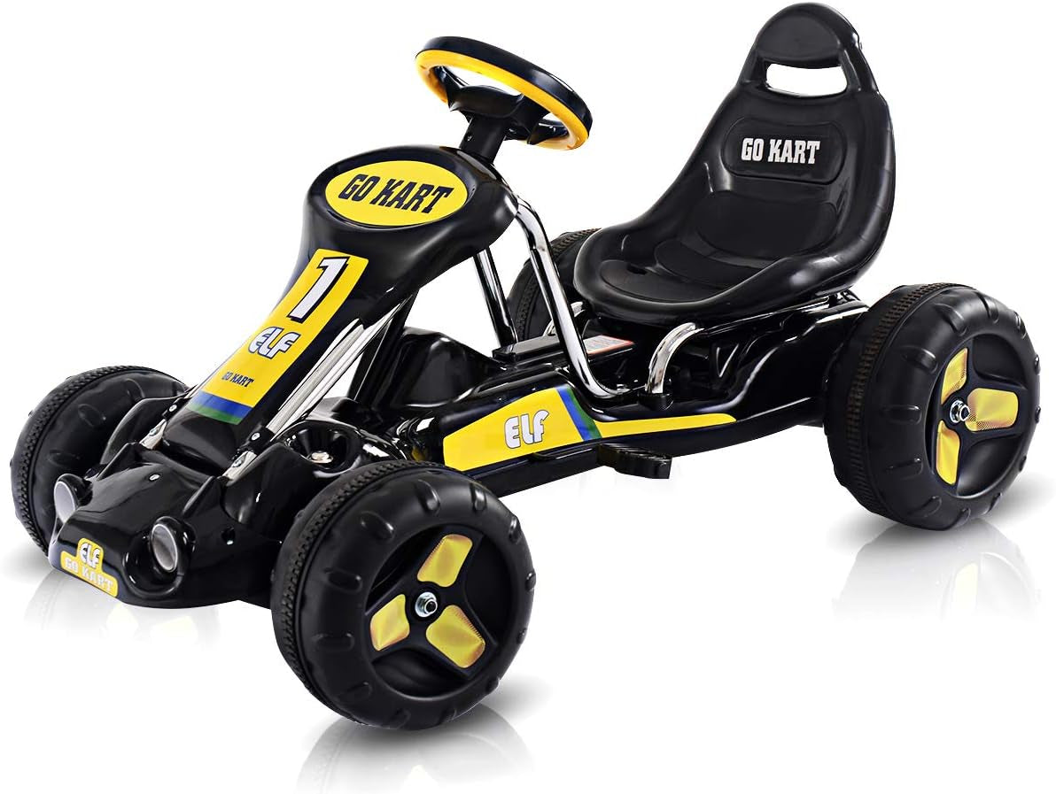 Go Kart for Kids, 4 Wheel Quad Racing Style Pedal Car W/3-Point Adjustable Seat & Non-Slip Wheels, Pedal Powered Ride on Toy Cart for Boys Girls (Black)