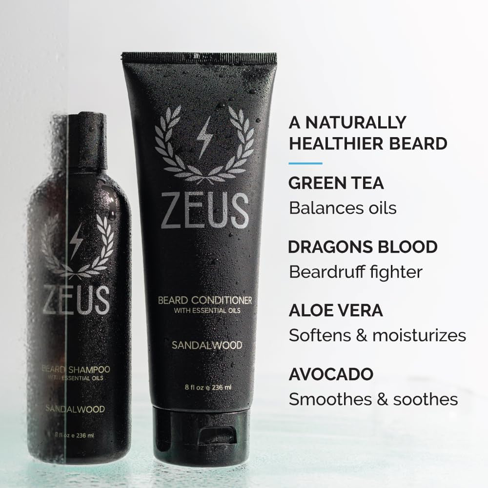 Beard Wash Set for Men, Shampoo & Conditioner Duo with Green Tea & Essential Oils, Hydrates, Softens & Strengthens Beard Hair (Made in USA) Sandalwood