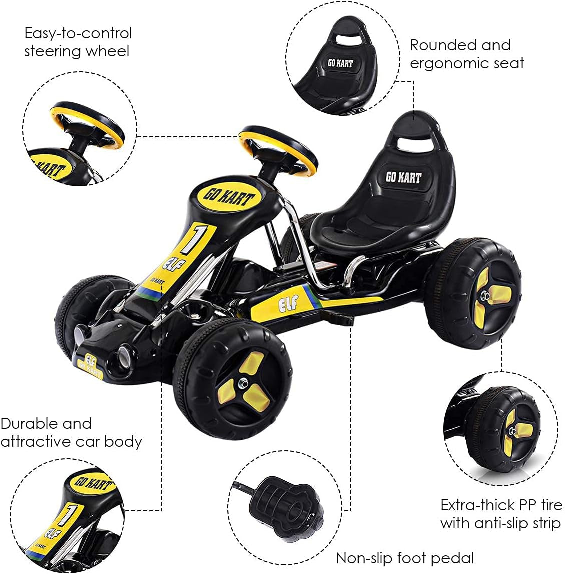Go Kart for Kids, 4 Wheel Quad Racing Style Pedal Car W/3-Point Adjustable Seat & Non-Slip Wheels, Pedal Powered Ride on Toy Cart for Boys Girls (Black)
