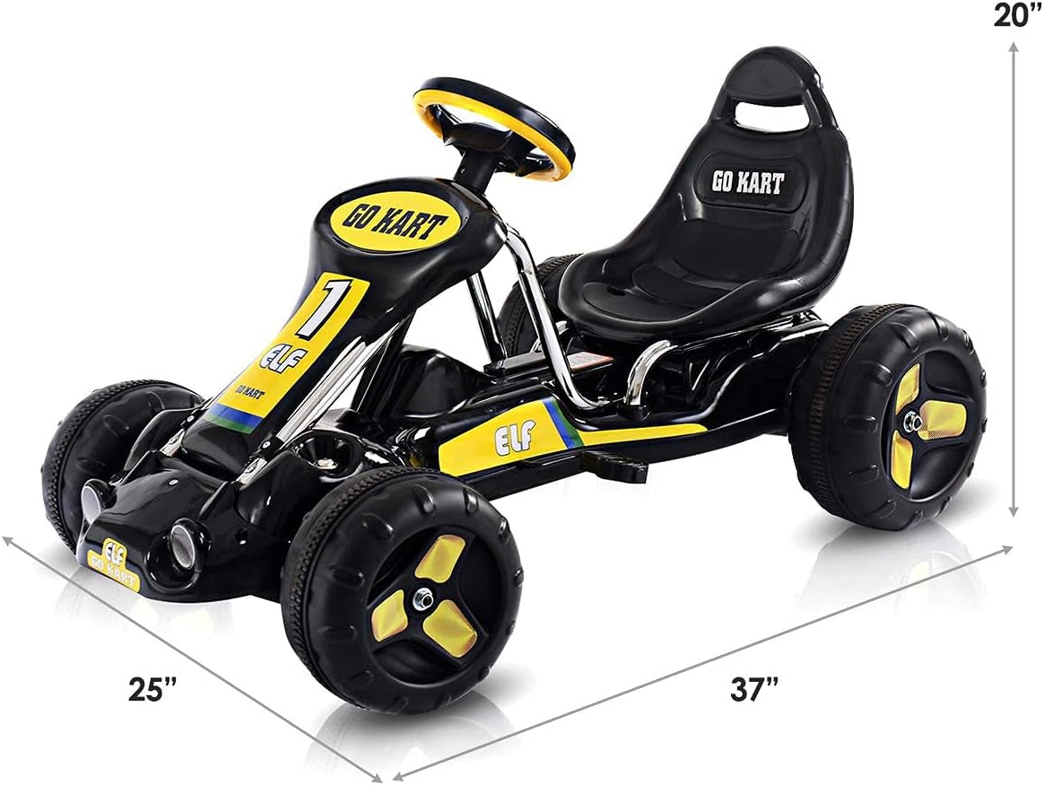 Go Kart for Kids, 4 Wheel Quad Racing Style Pedal Car W/3-Point Adjustable Seat & Non-Slip Wheels, Pedal Powered Ride on Toy Cart for Boys Girls (Black)