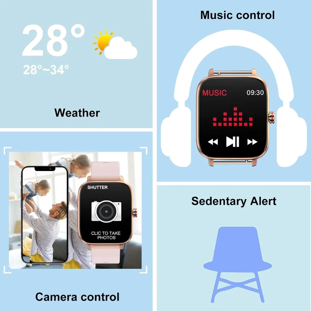 Smartwatch for Women, 1.69“ Smart Watch for Android/Iphone, Make/Receive Calls/Message Alerts/Ip67 Waterproof Outdoor Fitness Tracker Smartwatch (Gold/Pink)