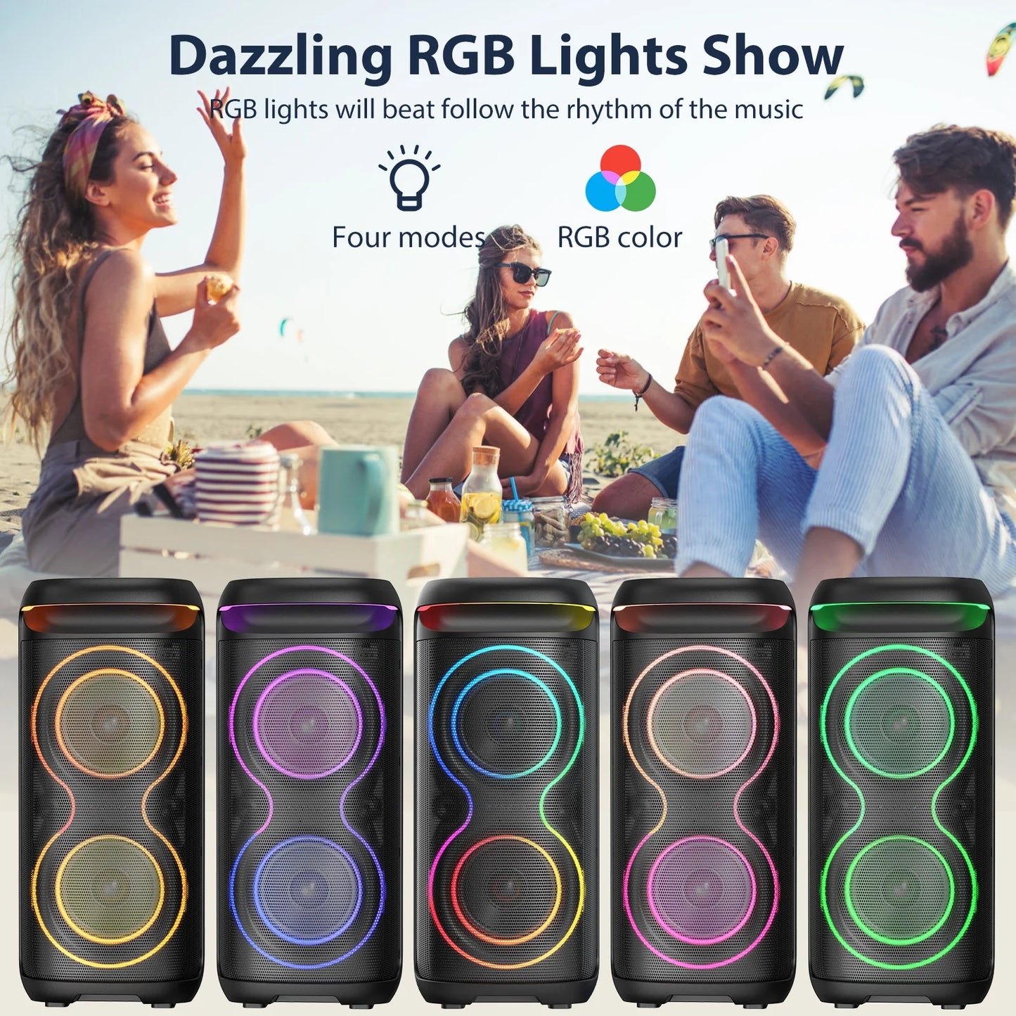 Speaker, Big Bluetooth Speaker with DJ Lights, Portable Wireless Large Party Speaker with Remote Control for Outdoor
