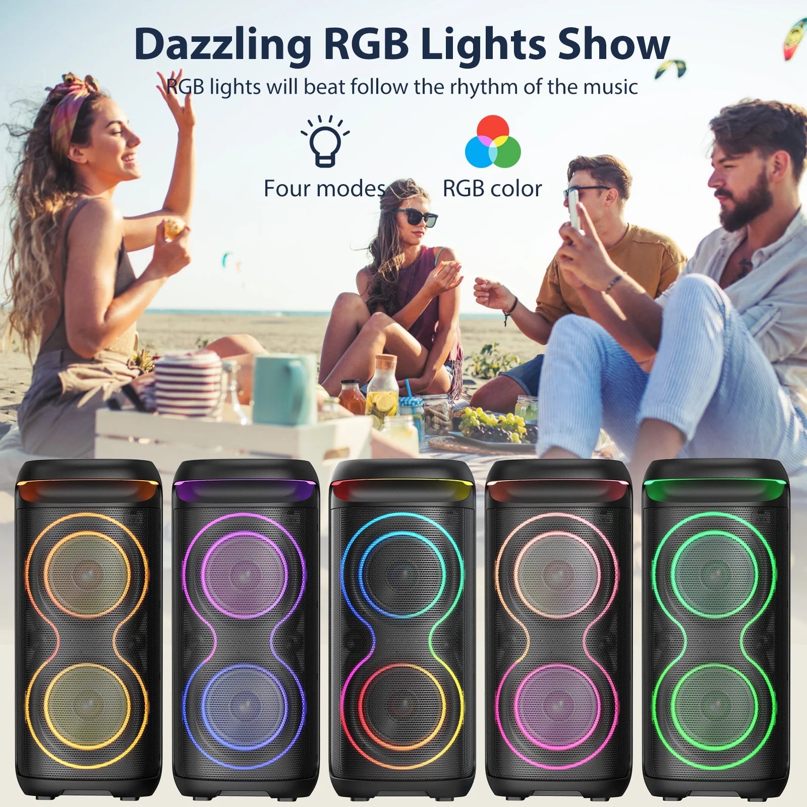Speaker, Big Bluetooth Speaker with DJ Lights, Portable Wireless Large Party Speaker with Remote Control for Outdoor