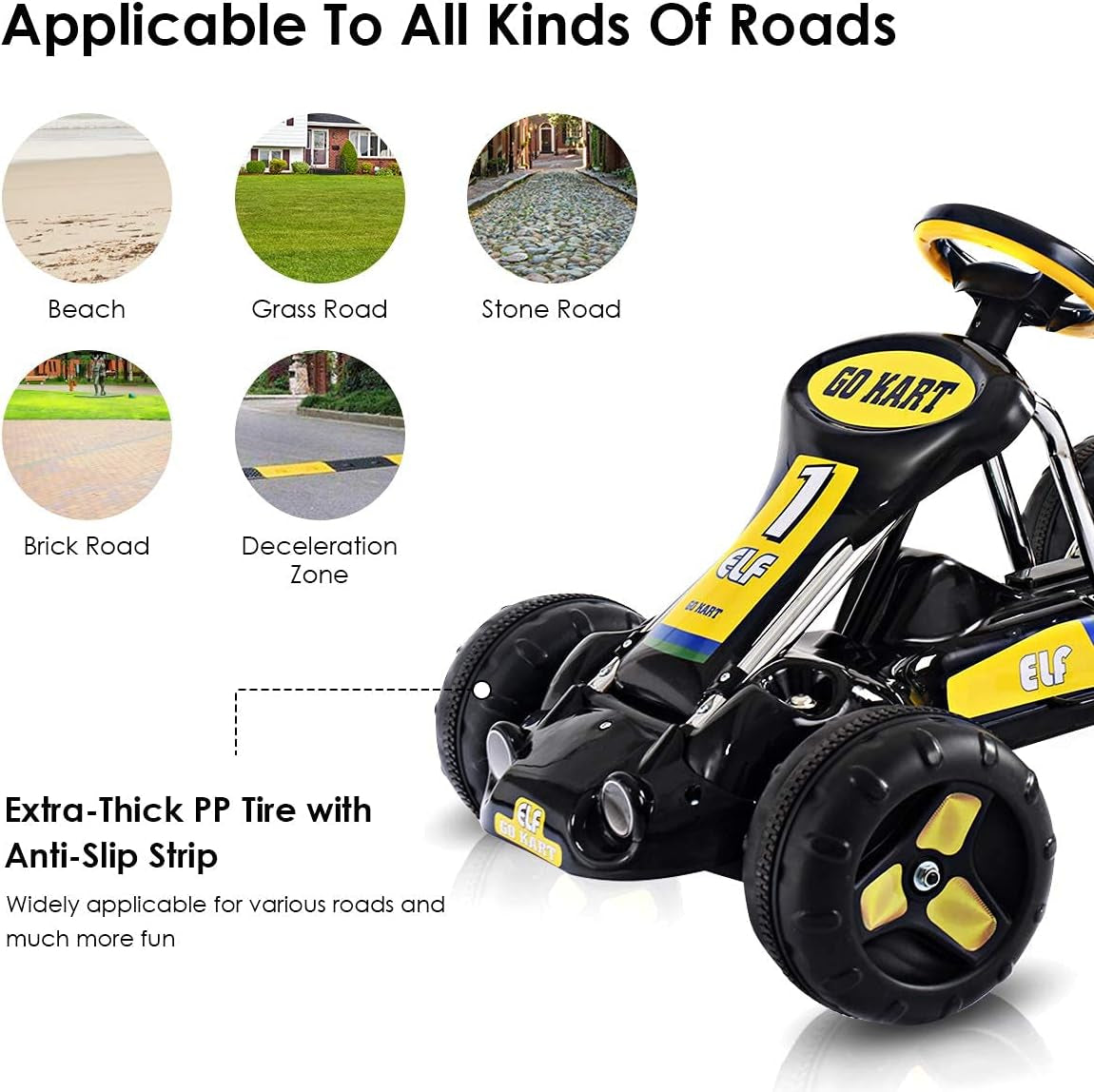 Go Kart for Kids, 4 Wheel Quad Racing Style Pedal Car W/3-Point Adjustable Seat & Non-Slip Wheels, Pedal Powered Ride on Toy Cart for Boys Girls (Black)