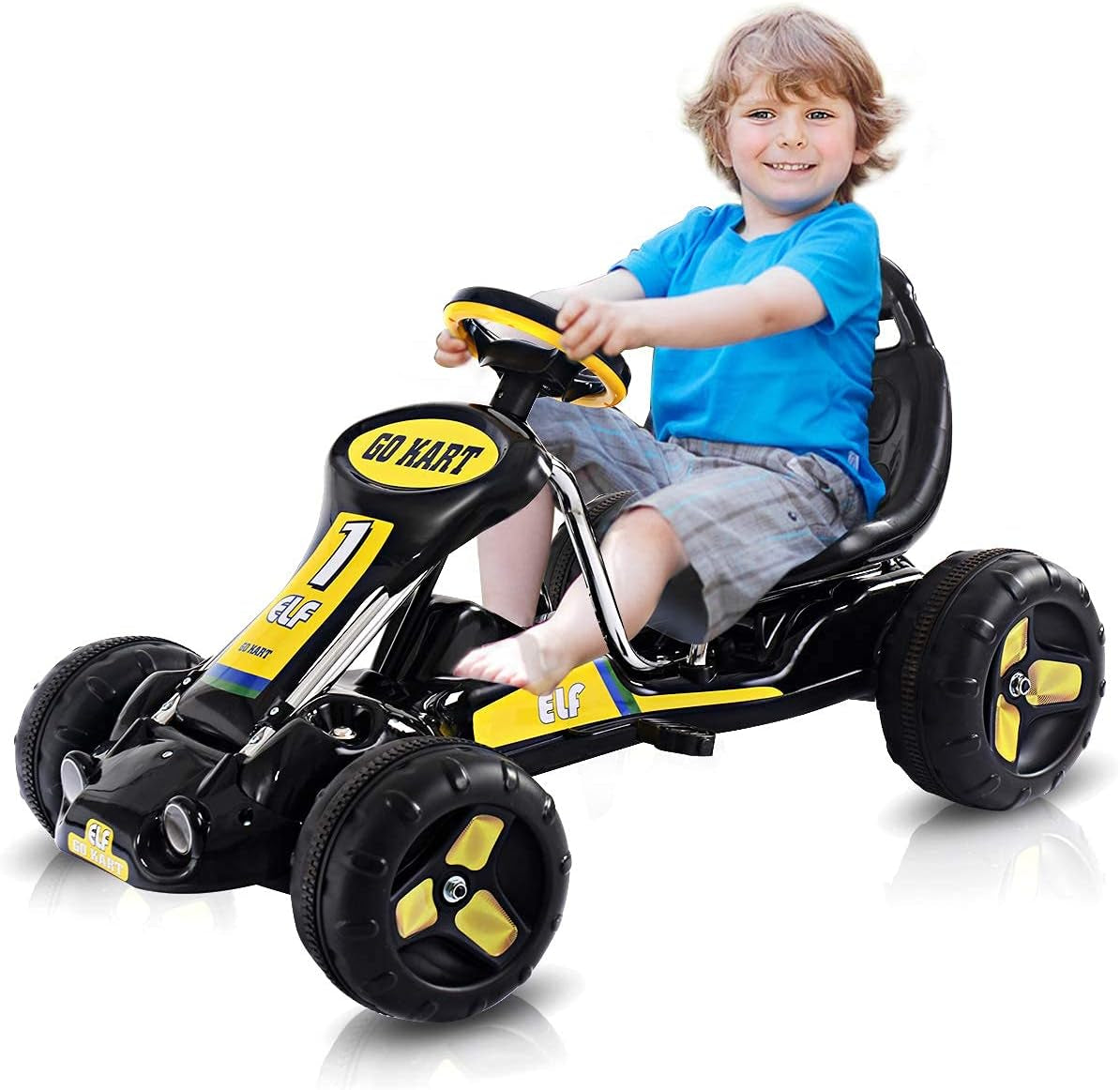 Go Kart for Kids, 4 Wheel Quad Racing Style Pedal Car W/3-Point Adjustable Seat & Non-Slip Wheels, Pedal Powered Ride on Toy Cart for Boys Girls (Black)