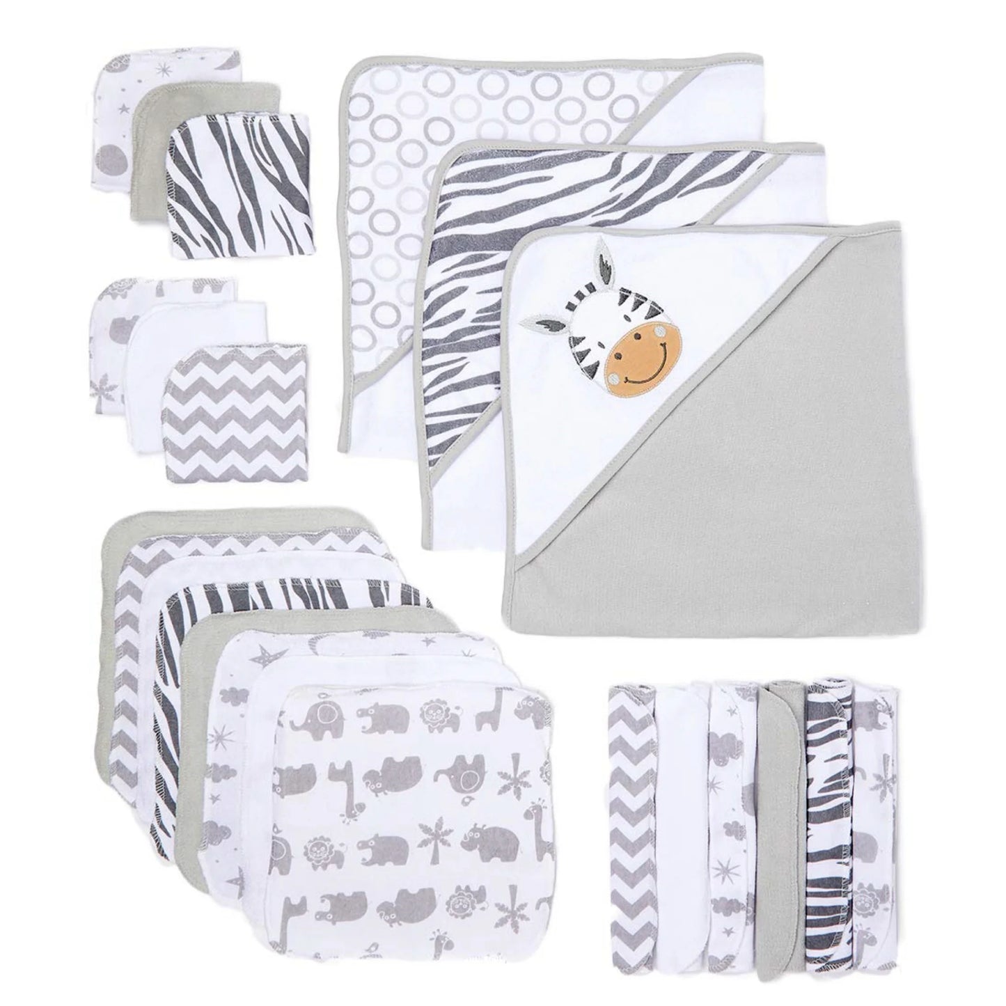 Bath Hooded Towels & Washcloths Set for Babies, 23-Piece Gift Set, Gray Giraffe