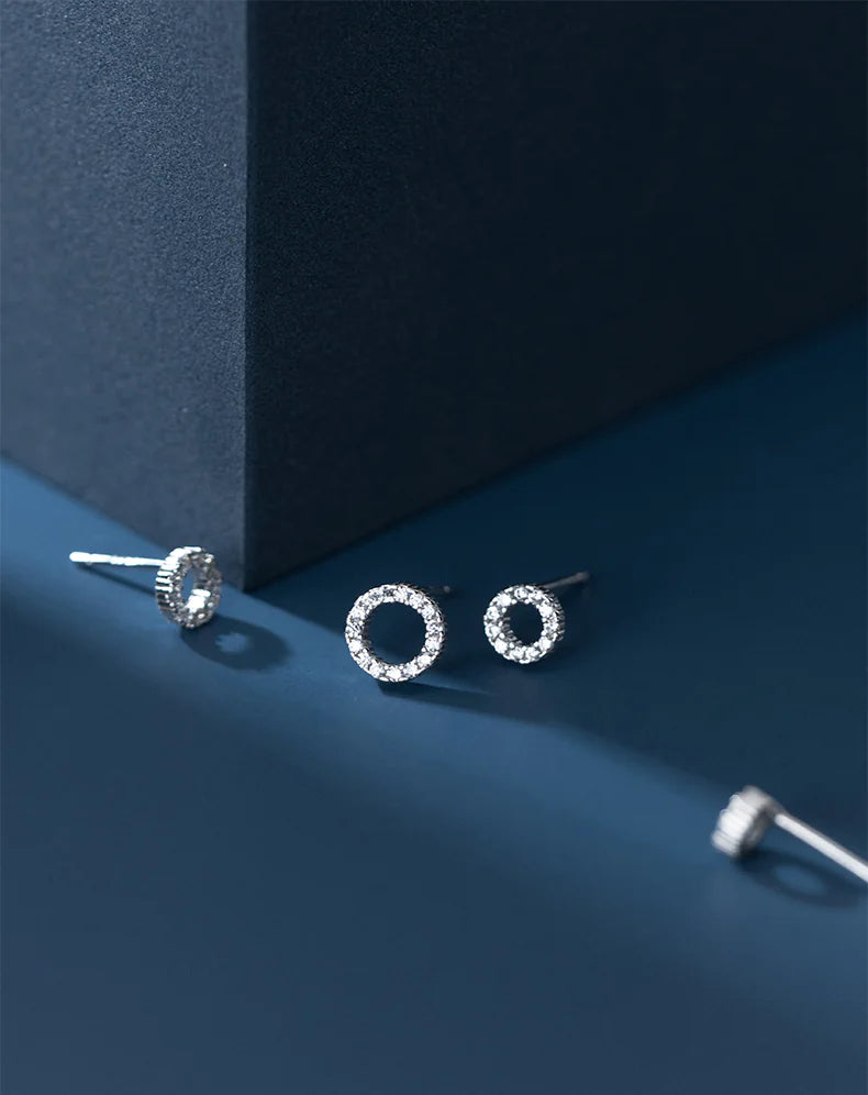 S925 Silver Round Stud Earrings with Diamonds for Women